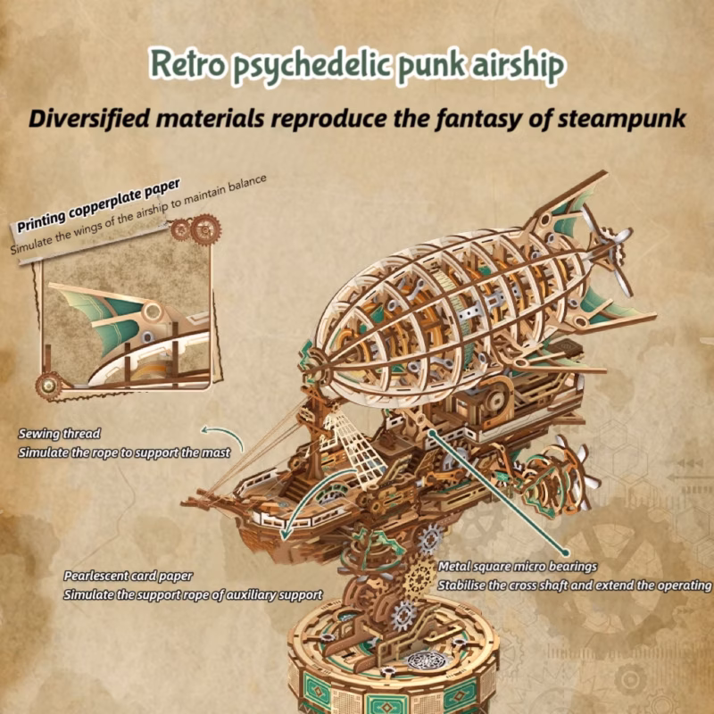 Sailing in Fog - Steampunk Airship Model DIY Assembly 3D Puzzle Music Box Kit