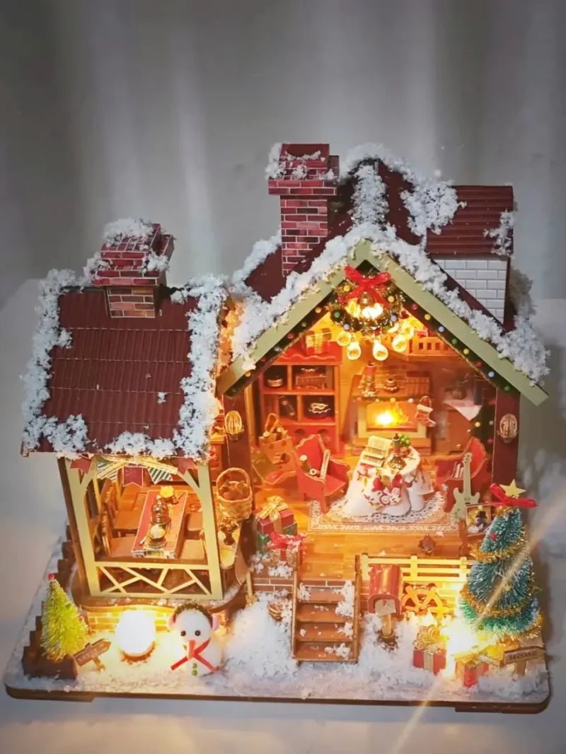Cozy Winter Retreat Christmas Themed DIY Miniature Dollhouse Kit with Music Box